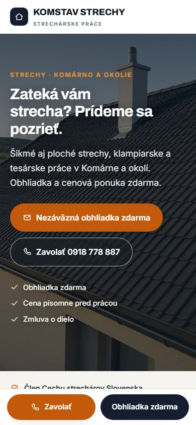 KOMSTAV STRECHY — webstránka pre strechára, ukážka — mobilné zobrazenie
