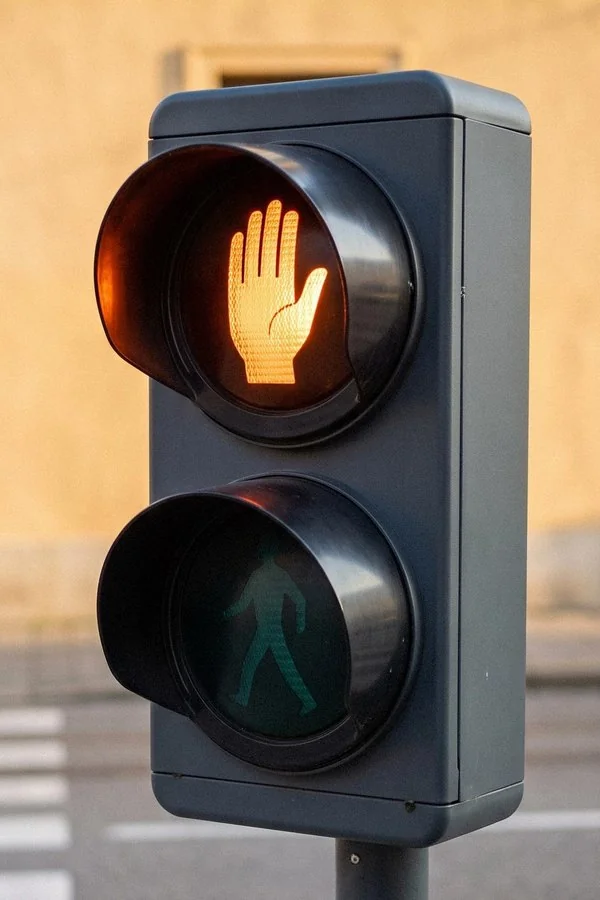 AI-generovaný semafor pre chodcov: hore oranžová zdvihnutá dlaň, dole zelený kráčajúci panáčik.